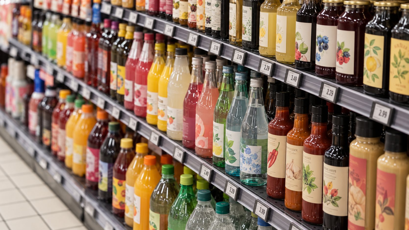 Supermarket beverage aisle with digital price labels along every shelf