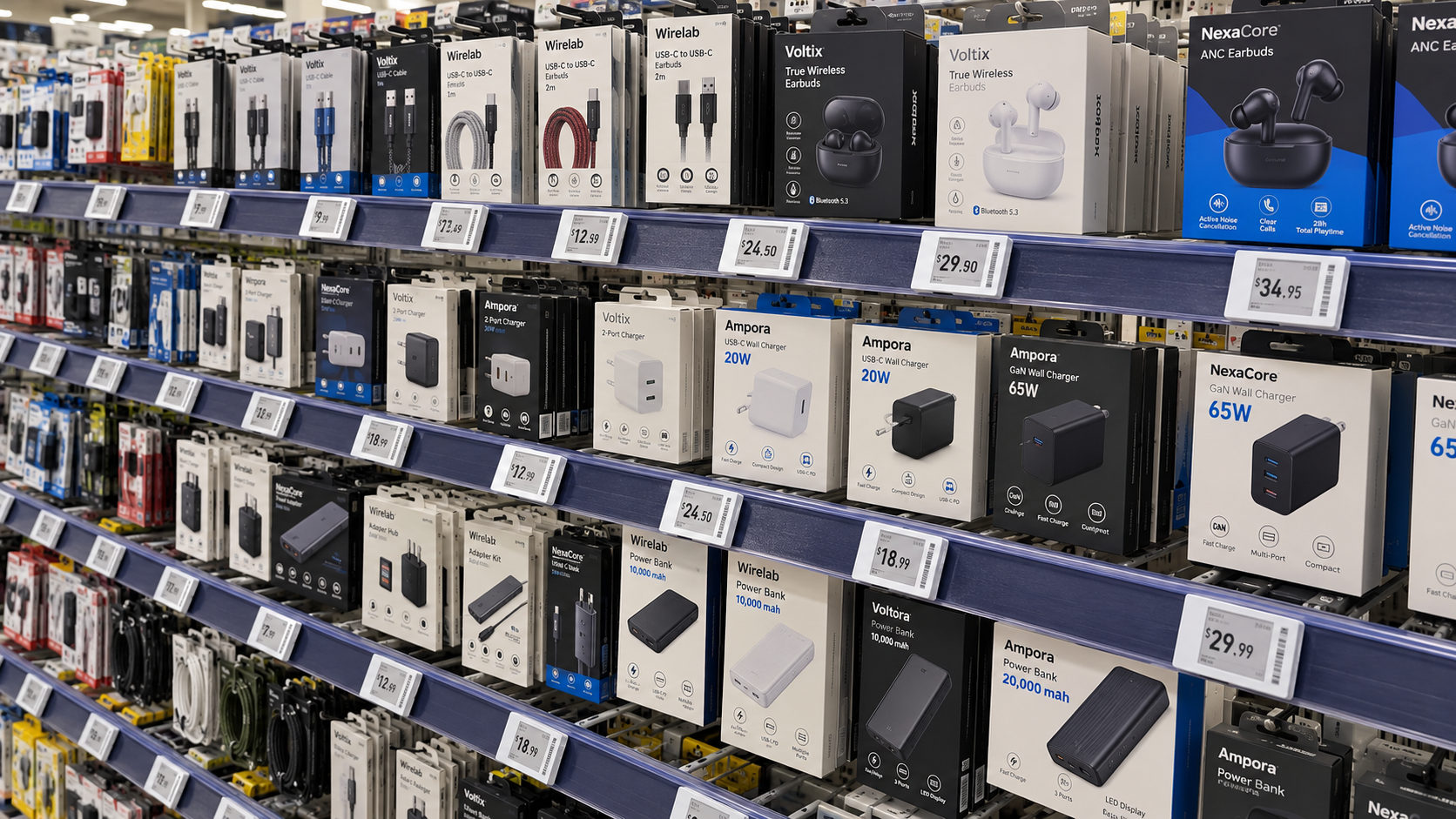 Electronics aisle with electronic shelf labels on every shelf edge