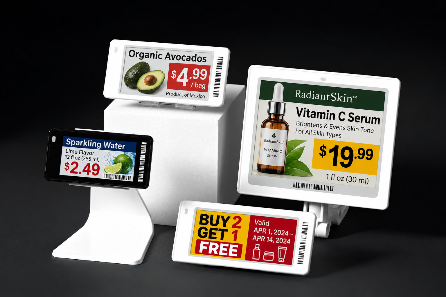 Range of electronic shelf labels in different sizes showing prices and promotions