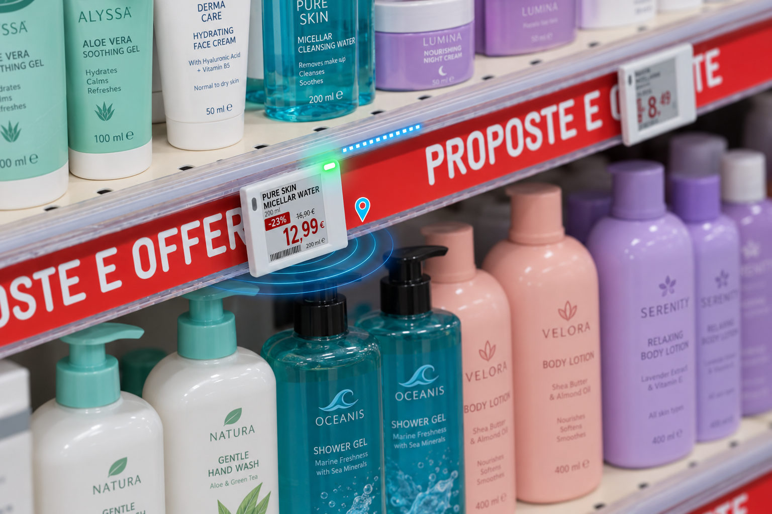 Cosmetics shelf with an electronic shelf label showing a 23% discount