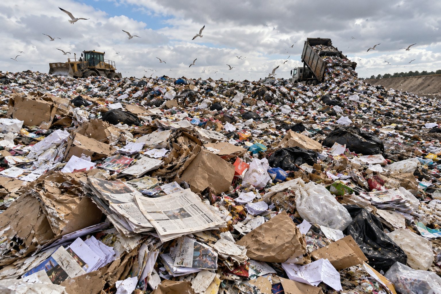 Landfill piled with discarded paper and cardboard