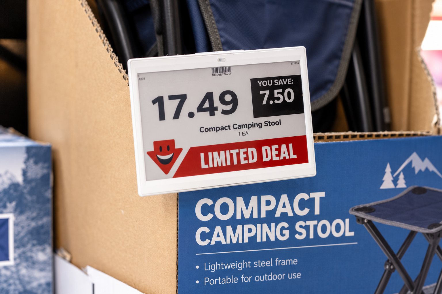 Electronic shelf label on a camping stool display showing a limited deal and the amount saved