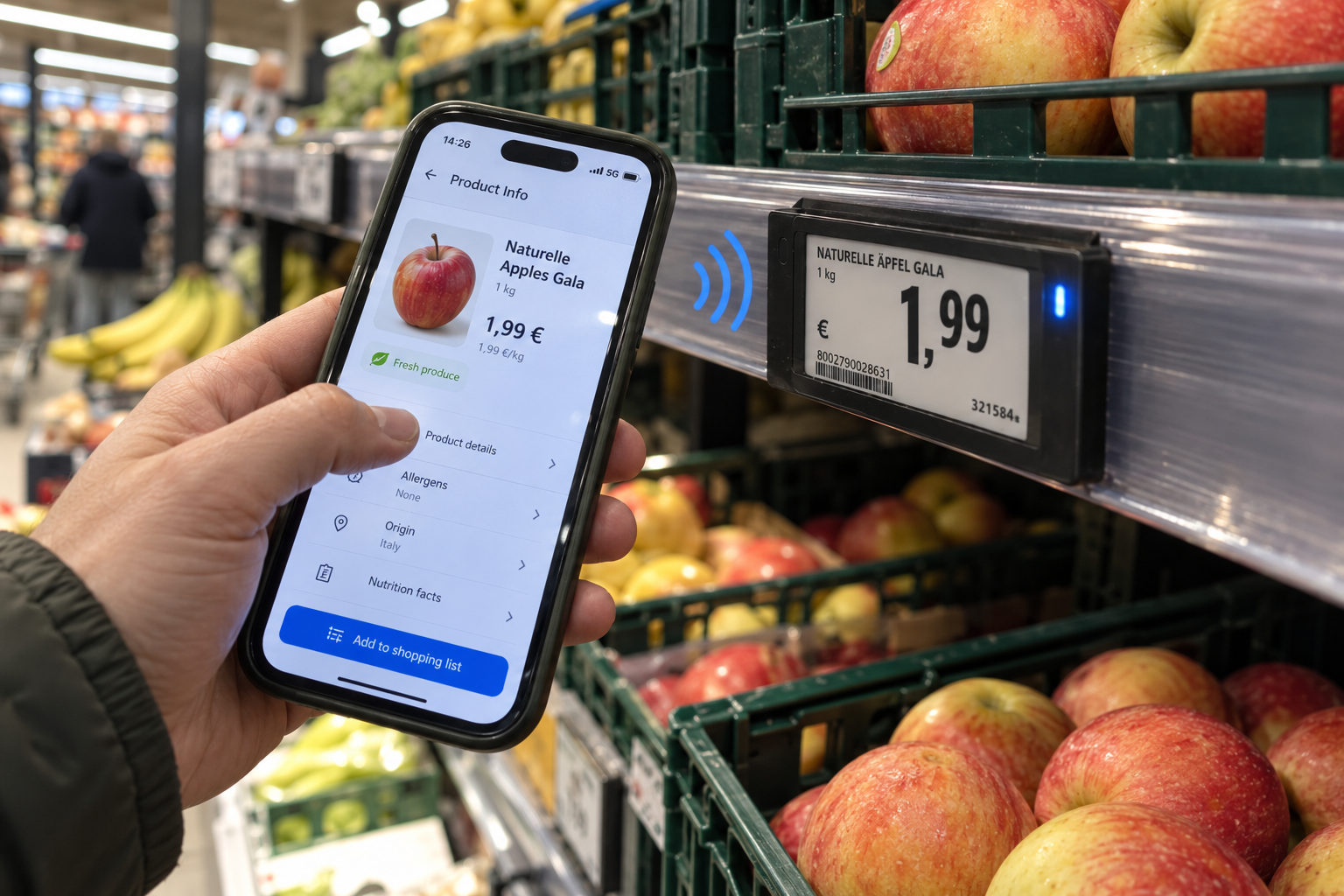 Shopper scanning an electronic shelf label to see product details, allergens and origin on their phone