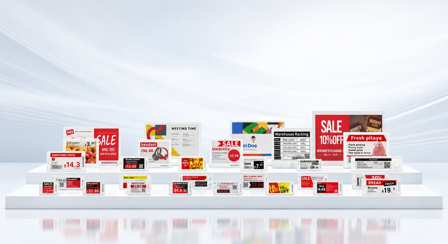 Range of Nadelhorn electronic shelf labels and displays showing prices, promotions and product information